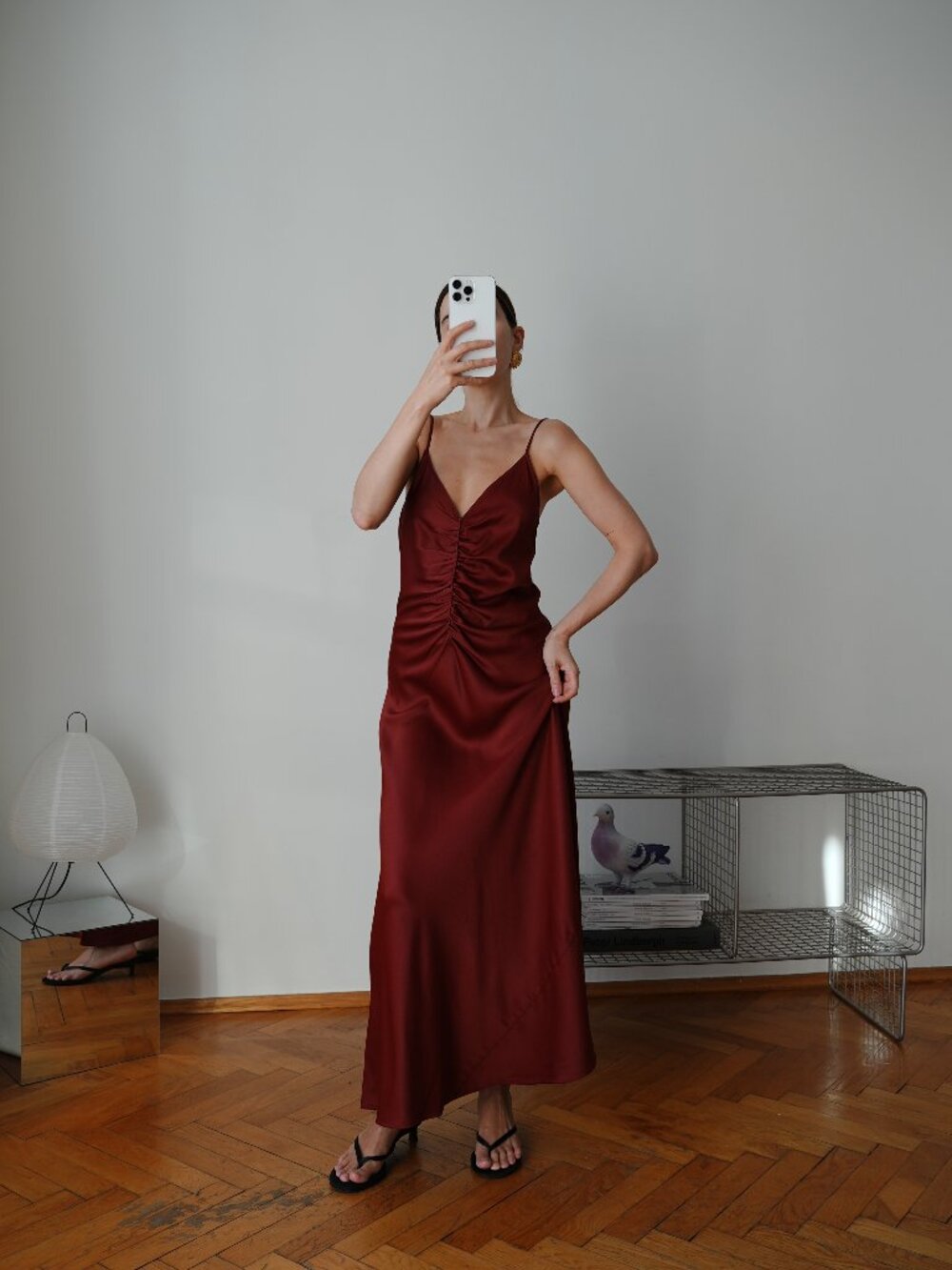 FRAME Burgundy Silk Blend Ruched Front Maxi Slip Dress Size S